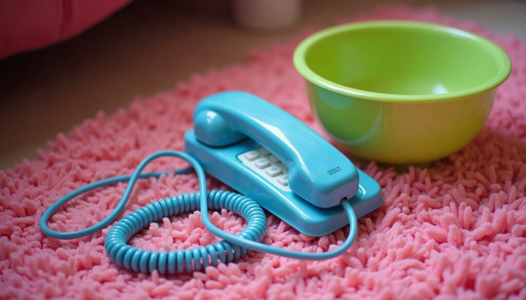 A translucent blue cordless handset with a tangled coiled cord next to a rabbit-ear antenna and a green bowl on pink shag carpet.