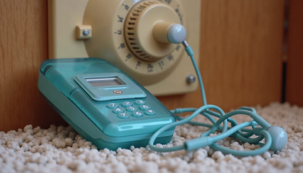 A beige round dial thermostat sits next to a translucent blue flip phone and tangled earbuds on a shag rug.