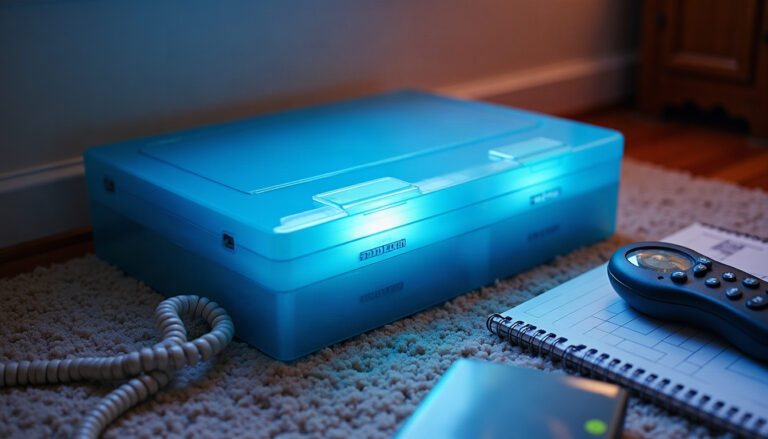 A translucent blue modem with a coiled phone cord, a cordless handset and a CD binder on a shag rug.