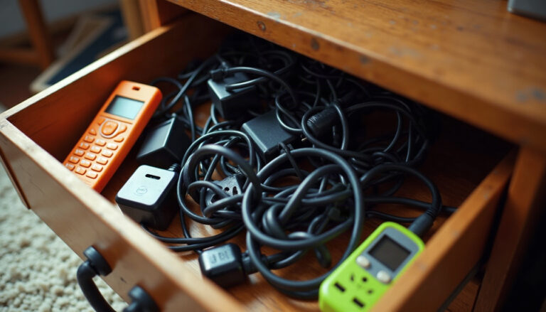 A drawer of black wall adapters and tangled charger cables spilling onto a shag rug beside a flip phone.
