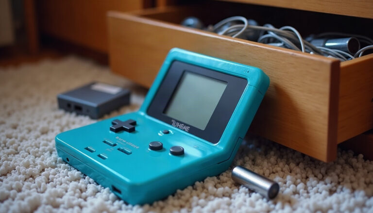 A translucent blue handheld game console, a cartridge and loose AA batteries on a shag rug in harsh camera flash.