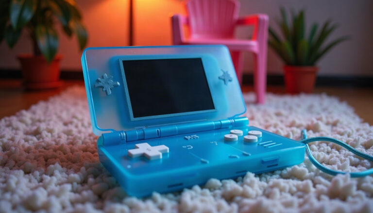 A translucent blue handheld game console and a short link cable on a shag rug next to a tiny plastic lawn chair.