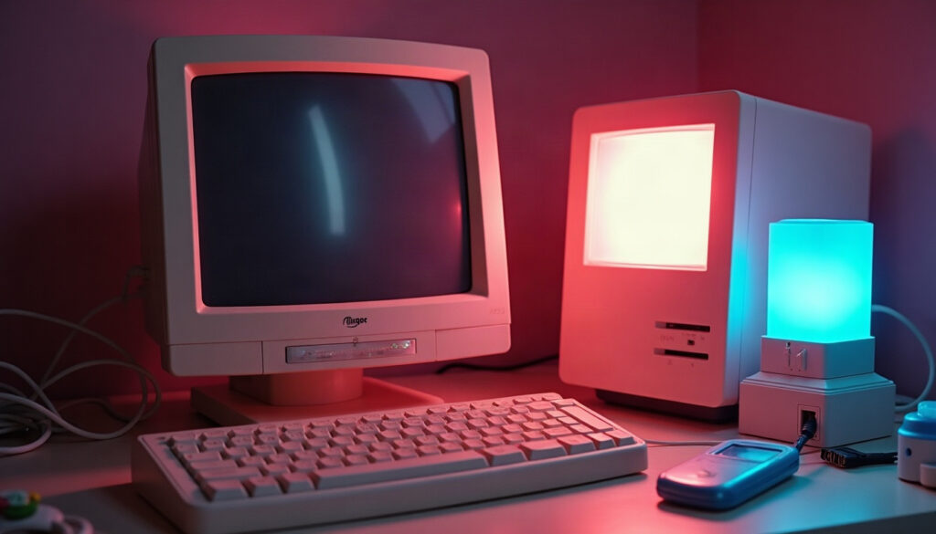 A beige power strip, a boxy pink monitor and a battery-backup box crowded together on a cluttered bedroom desk.