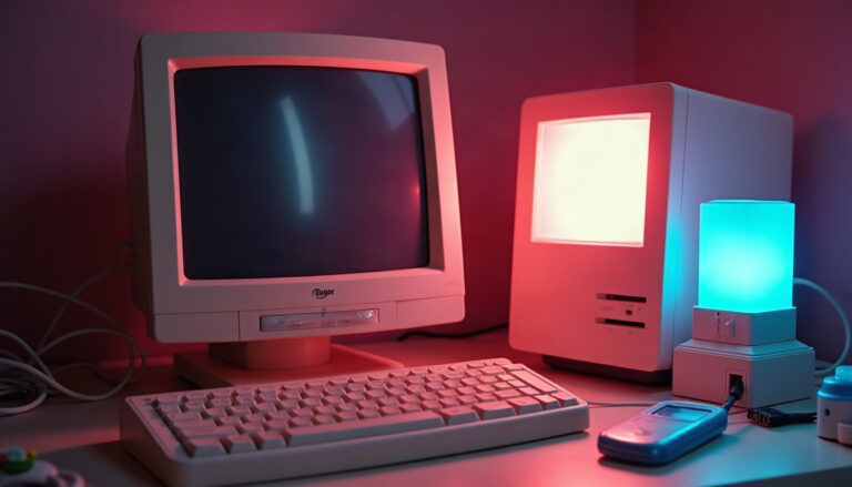 A beige power strip, a boxy pink monitor and a battery-backup box crowded together on a cluttered bedroom desk.