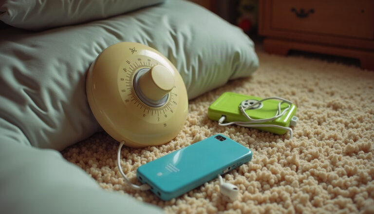 A round retro dial thermostat on a shag rug next to a blue flip phone, wired earbuds and a handheld game console.