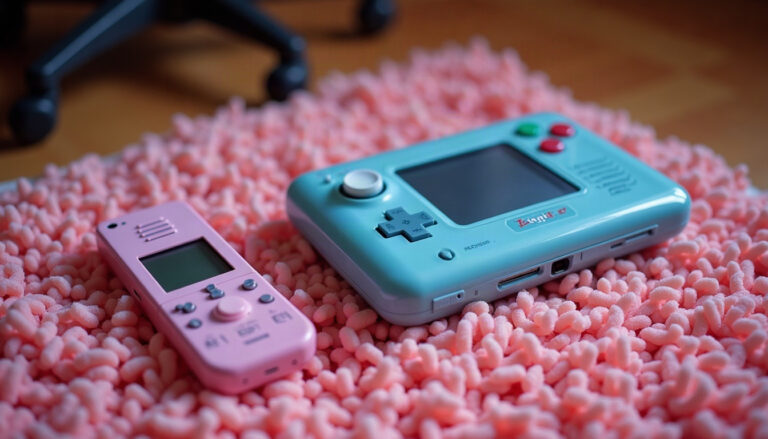 A translucent blue handheld console and a flip phone on pink shag carpet next to a wood-look plank floor.
